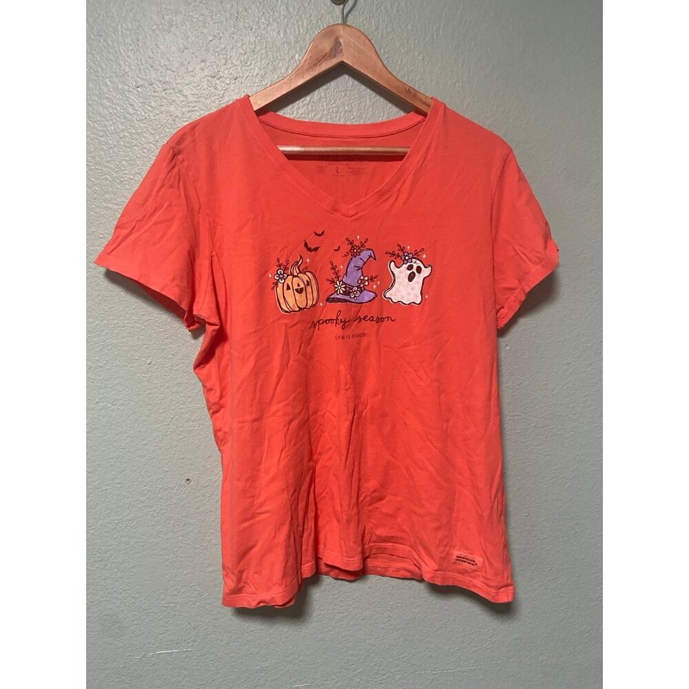Life is Good Women's Light‎ Peach Pumpkin Ghost Halloween Shirt Top Size Large